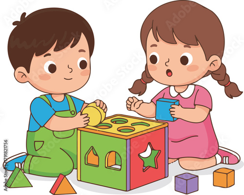 children playing put blocks into boxes