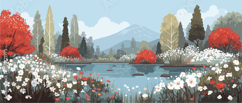 아름다운 호수와 산, 다채로운 꽃과 나무가 어우러진 평화로운 풍경 일러스트