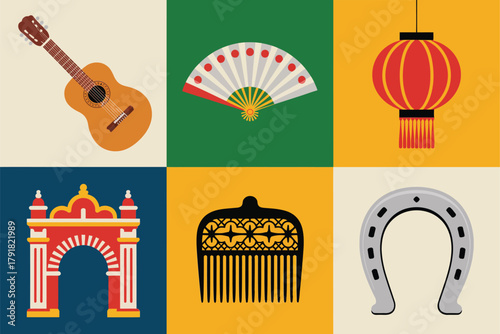 Detailed flat vector icons for tradition, showing horseshoe, arch, guitar, representing luck and cultural event,