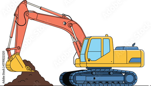 Cartoon hydraulic excavator with yellow body, orange arm, digging soil, construction machinery side view, vector illustration for building site