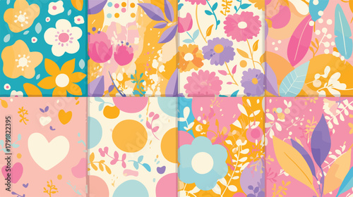 다채로운 색상과 사랑스러운 꽃, 추상적인 형태가 어우러져 봄과 여름 분위기를 물씬 풍기는 아름다운 이음새 없는 벡터 패턴 컬렉션입니다.