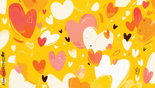 다채로운 하트 패턴 일러스트는 사랑과 로맨스를 표현하는 따뜻하고 예술적인 배경입니다.