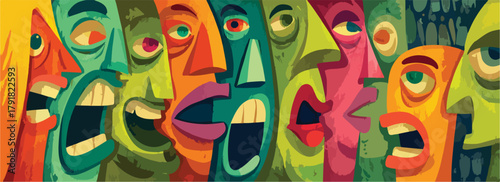 다양한 감정을 표현하는 추상적인 얼굴들의 강렬한 색채 조합