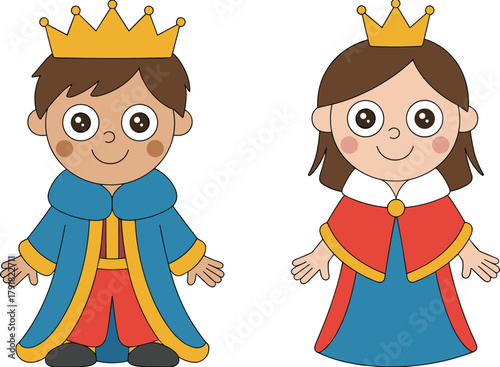 Cartoon king and queen characters in royal costume, cute children’s illustration for fairy tale, education, storytelling, and vector design