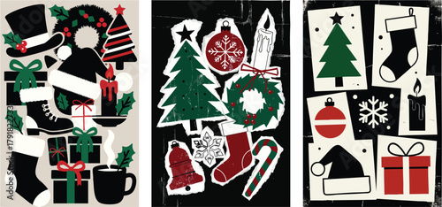 Christmas punk vector christmas collage featuring holiday symbols like santa hat, tree, stocking, wreath, candle, gift, and mug on textured background