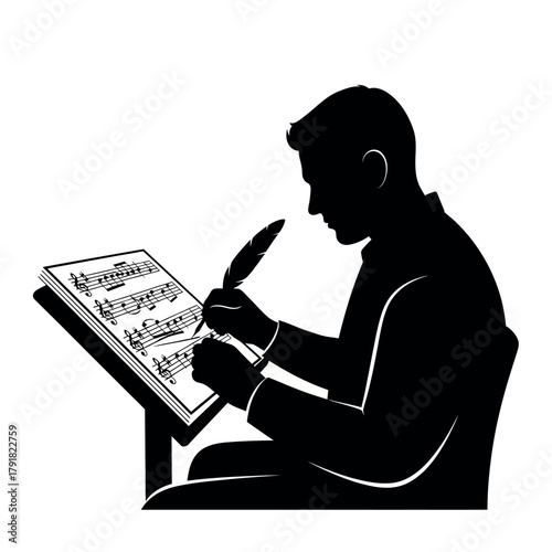 Silhouette of a composer writing music with a quill pen.