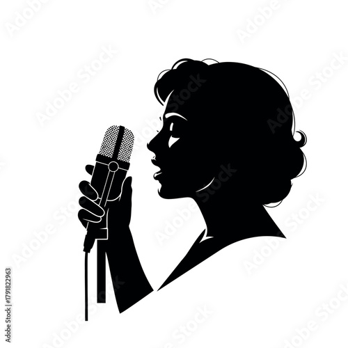 Silhouette of a woman singing into a vintage microphone.