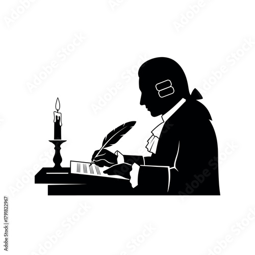 Silhouette of an 18thcentury man writing with a quill pen.