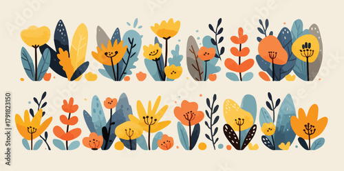 다채로운 색상의 추상적인 꽃과 잎사귀들이 조화롭게 어우러진 벡터 일러스트