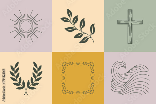 Detailed flat vector icons for funeral, showing cross, waves, leaf, representing death, remembrance, and mourning symbols,