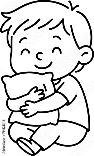 Happy cartoon boy cuddling a pillow with closed eyes