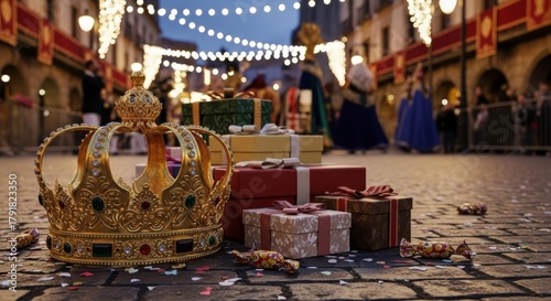 Spanish Cabalgata de Reyes, ornate golden crown and gift boxes on cobblestone floor