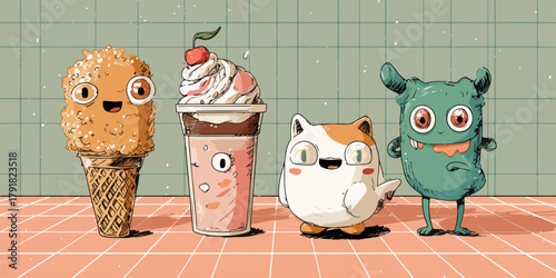 귀여운 몬스터와 아이스크림, 음료수가 함께 모여 즐거운 시간을 보내는 모습