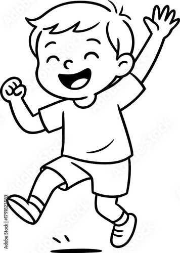 Joyful cartoon boy happily jumping with arms raised