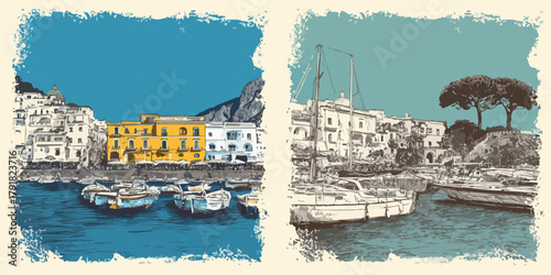 아름다운 해안 마을의 항구 풍경, 요트와 건물들이 조화로운 풍경화