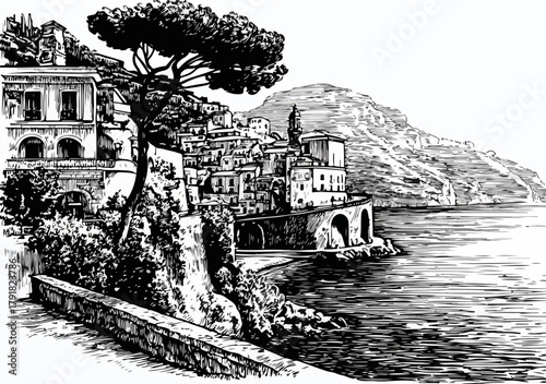 아름다운 해안 마을의 그림 같은 풍경, 고풍스러운 건축물과 푸른 바다가 조화로운 모습