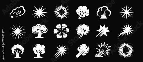 Comic Energy Explosion Vector Set – Cartoon Blast Effects, Fireballs, Impact Flashes, Smoke Bursts, Manga Puff Explosions, and Dynamic Game Animation Silhouettes