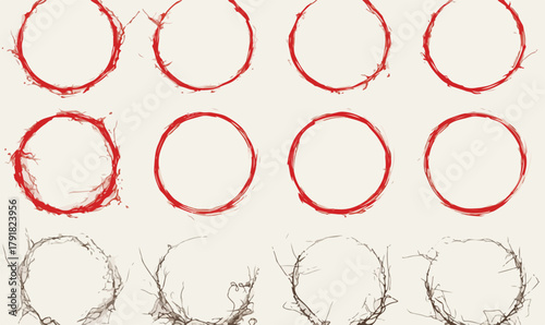 거친 붓 터치로 표현된 붉은색과 회색 원형 추상 패턴