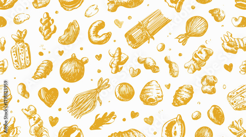 다양한 음식 재료들이 흩뿌려진 황금빛 배경 일러스트 패턴
