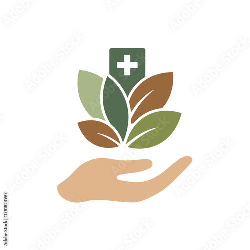 Hand Holding Plant with Green Cross Symbol Representing Health Nature and Environmental Care