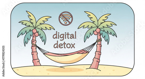 Digital detox concept with hammock between palm trees on the beach and no wifi sign, symbolizing disconnecting from technology and social media