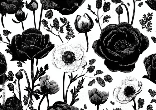정교한 흑백 꽃 패턴 디자인은 섬세한 수채화 스타일로 그려진 식물들의 아름다움을 보여줍니다