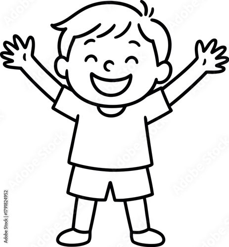 Joyful cartoon boy with arms raised in excitement
