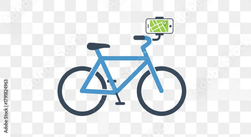 A bicycle with a smartphone attached to the handlebars, displaying a map for navigation and urban exploration