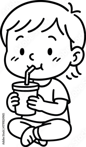 Cute cartoon child enjoying a drink through a straw