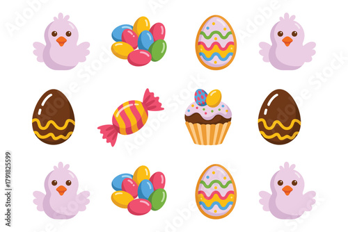 Flat vector icons for holiday, featuring chicks, eggs, candy, representing easter sweets and spring treats,