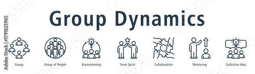 Group Dynamics web banner icon vector illustration concept with icon of group, group of people, brainstorming, team spirit, collaboration, mentoring, and collective idea.
