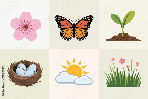 Flat color icons for season, illustrating butterfly, flowers, nest, representing growth, nature, and new life,