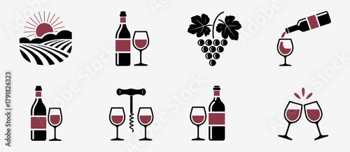 wine icons set from vineyard to glass for celebration and wine tasting illustration