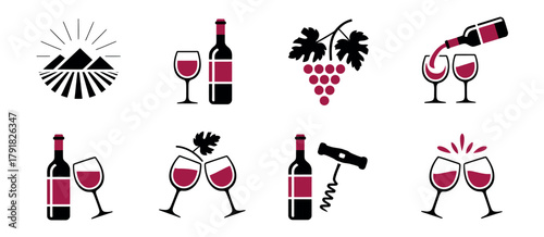 vineyard wine icons vector set for wine glasses, bottles, and celebration design