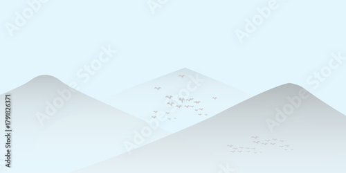modern.Soft Mountain Landscape With Blue Curve And Subtle Birds In A Quiet Morning Scene
