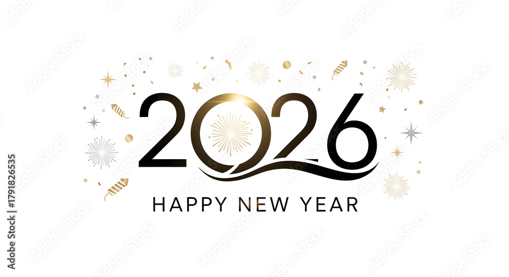 Obraz premium 花火と星で祝う、スタイリッシュな2026年ハッピーニューイヤー