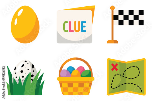 Detailed flat vector icons for games, showing basket, clue, map, representing easter egg hunt and spring celebration,