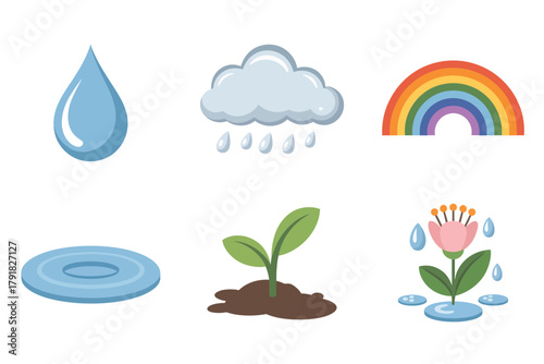 Flat color icons for season, illustrating rainbow, rain, flower, representing nature, growth, and natural elements,
