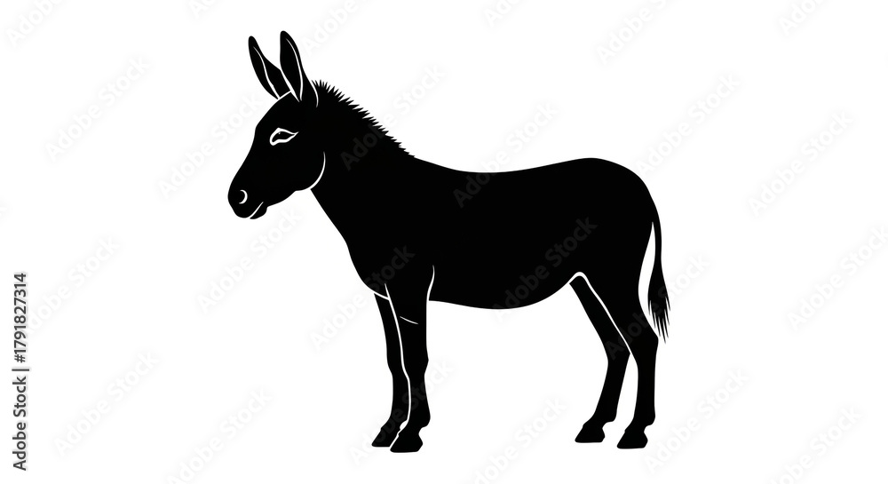 Fototapeta premium Striking black silhouette of a donkey against a clean white backdrop, ideal for logo design, educational materials, or children's illustrations