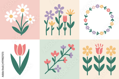 Flat vector icons for garden, featuring tulip, daisy, wreath, representing spring season and botanical elements,
