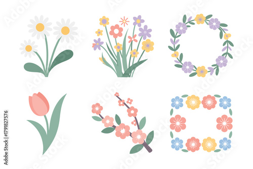 Flat color icons for garden, illustrating daisy, tulip, wreath, representing spring season and botanical elements,