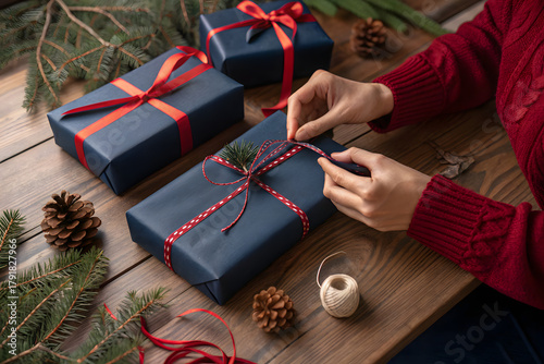 Close-up of hands wrapping Christmas gifts with red ribbons and pine decorations on wooden table, warm holiday vibe