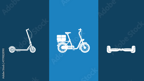 Set of electric scooter icons modern flat vector design isolated on blue background