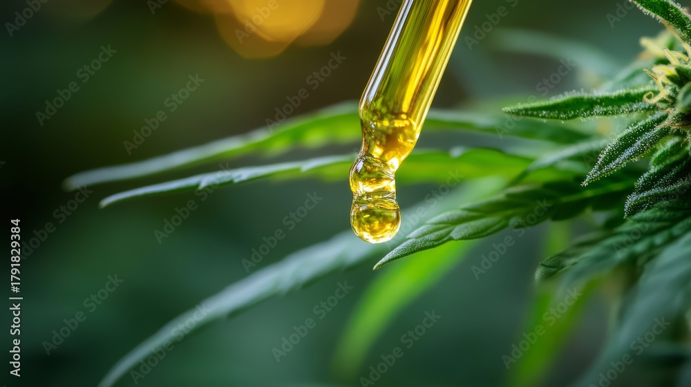 Naklejka premium Crystal clear dropper releasing golden hemp extract onto serrated cannabis leaf, macro detail of oil droplet with surface tension, soft diffused lighting highlighting amber liquid, medicinal context