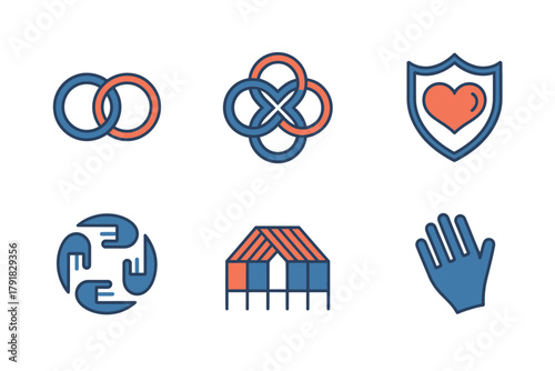 Flat color icons for emergency, illustrating rings, house, shield, representing insurance, home safety, and security symbols,