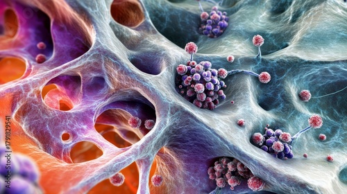 Extreme close-up of bone marrow microenvironment nurturing new bone growth, hematopoietic stem cells visible within trabecular spaces, osteocytes sending signals through canaliculi network,