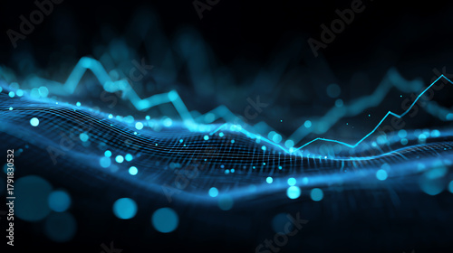 Futuristic data visualization with glowing lines and dots representing digital trends and analytics.