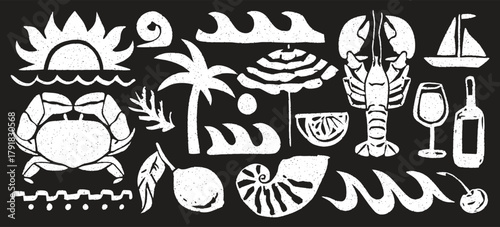 White tropical beach icons on black background, summer vacation illustration set with crab, palm, waves, wine, and sea elements for coastal design, print, and digital art projects.
