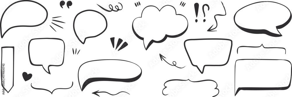 Naklejka premium Hand drawn comic speech bubble set with clouds, rectangles, circles, and exclamation shapes for text, doodle dialogue callout collection for cartoon or pop art design elements.