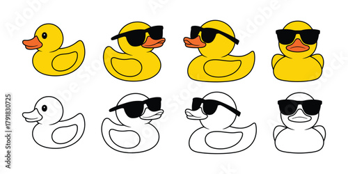 Rubber Duck Vector Icon – Cute Cartoon Duck with Sunglasses, Fun Doodle Bird Character, Farm Animal Illustration, and Playful Logo Design Element